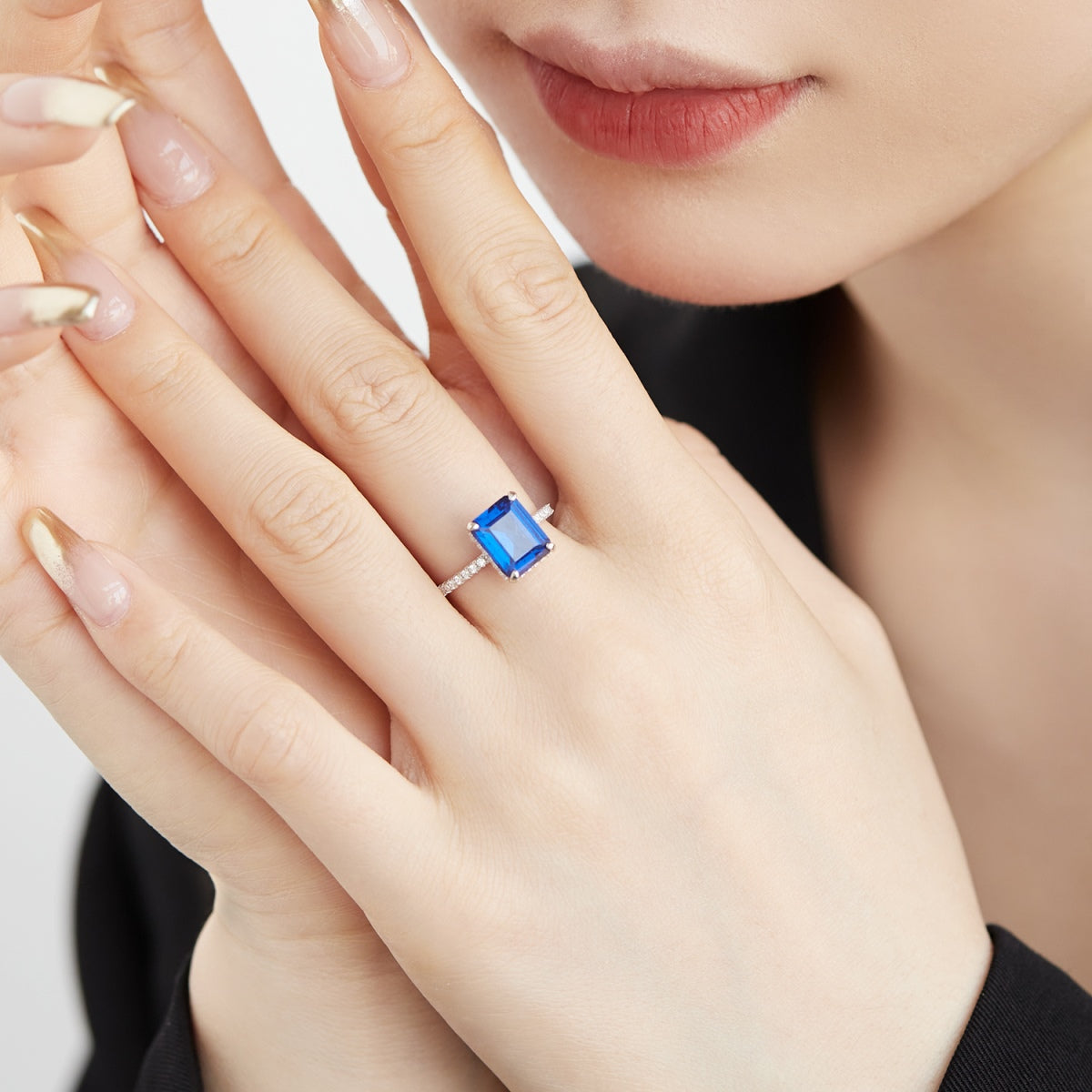 Blue Stone Baguette-Cut Silver Ring