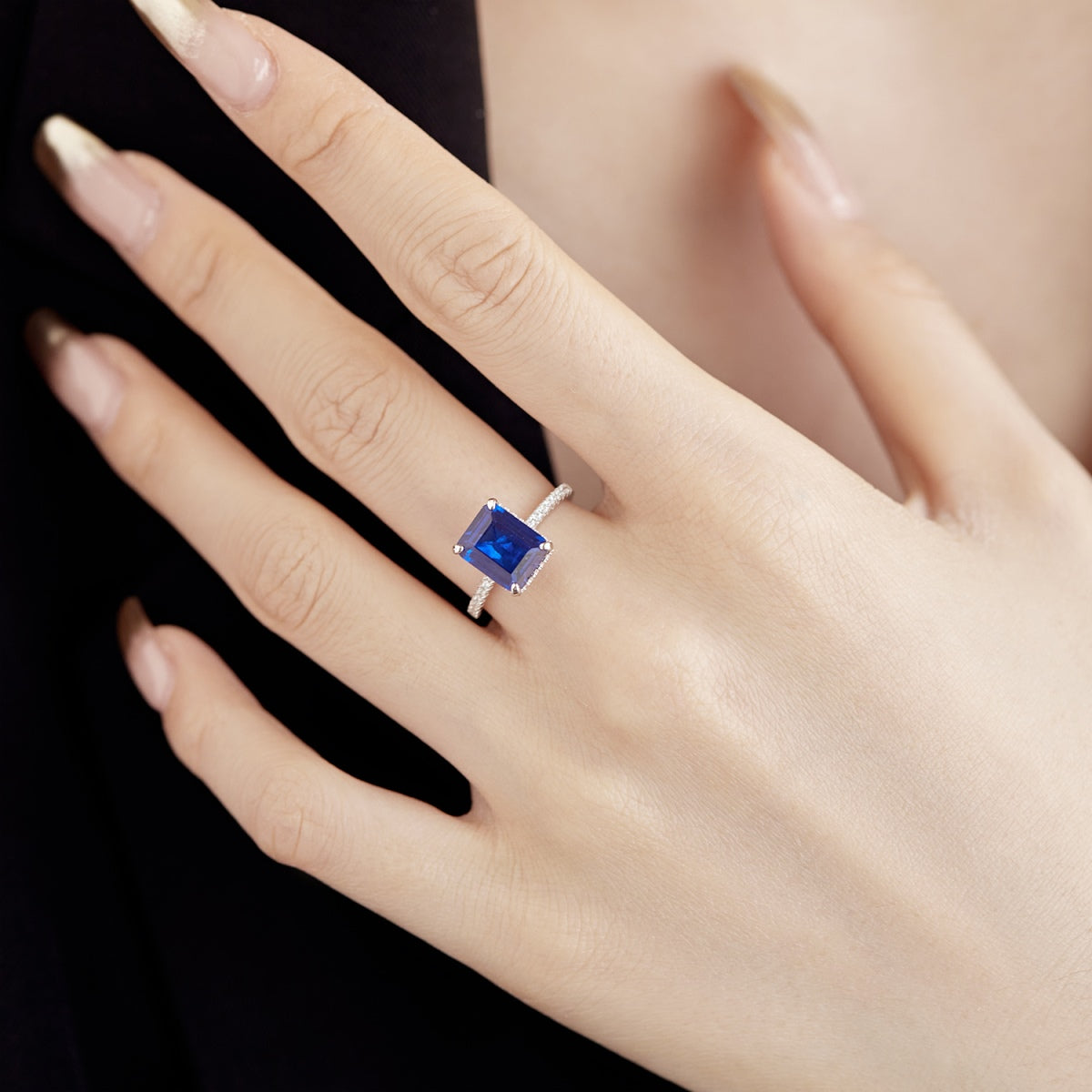 Blue Stone Baguette-Cut Silver Ring