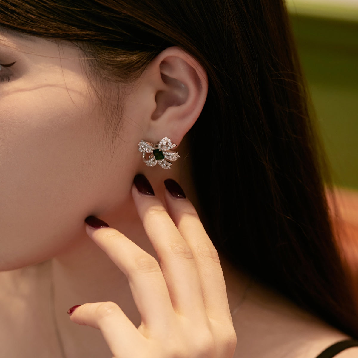 Green Zircon Bow: Sterling Silver Earrings