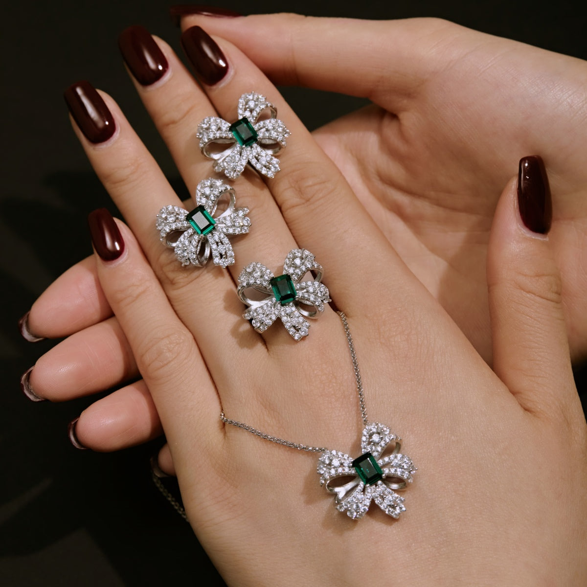 Green Zircon Bow: Sterling Silver Earrings