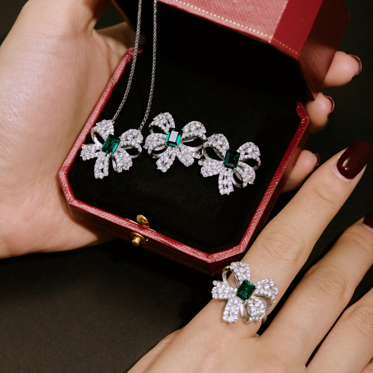 Green Zircon Bow: Sterling Silver Earrings