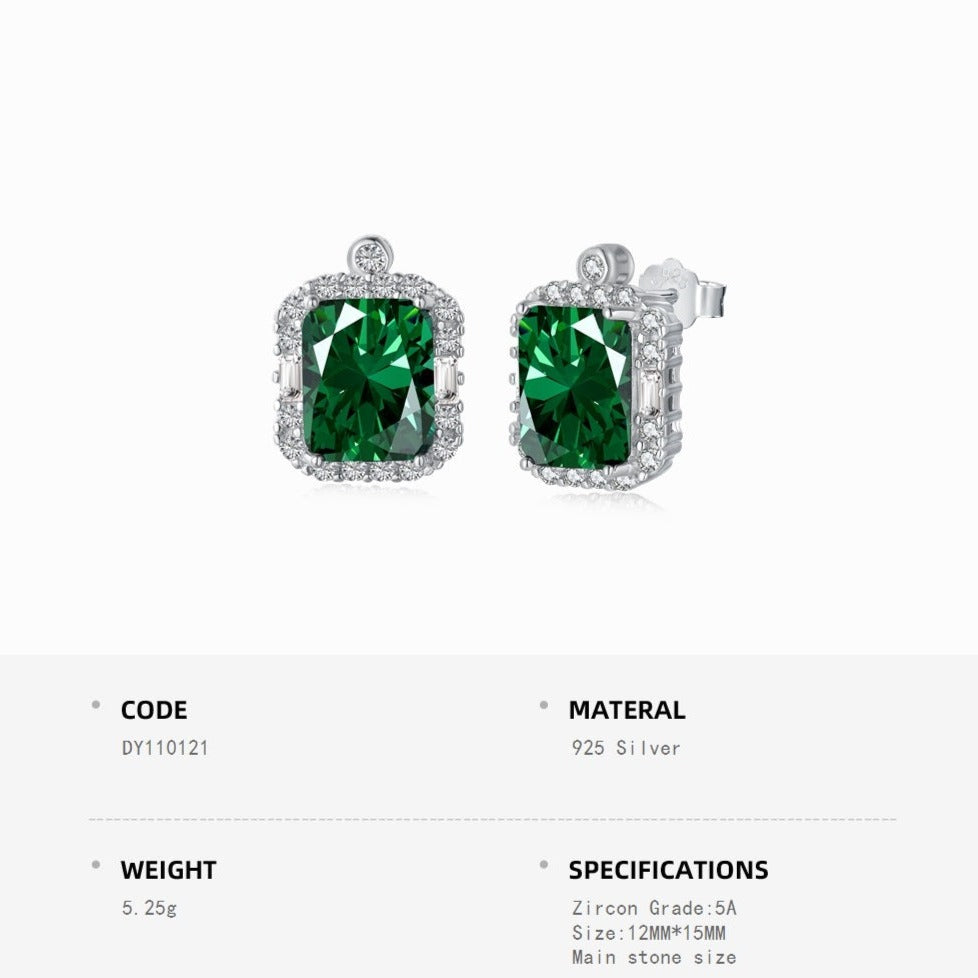 "Enchanting Baguettes: Silver Earrings with Green Zirconia Accents"