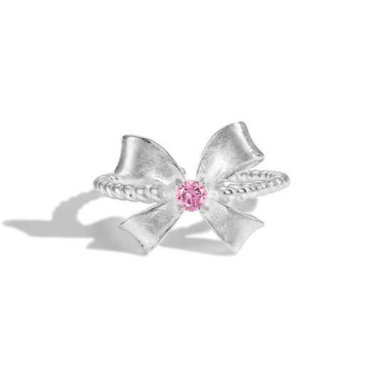 Adjustable Bow Silver Ring with Pink Stone