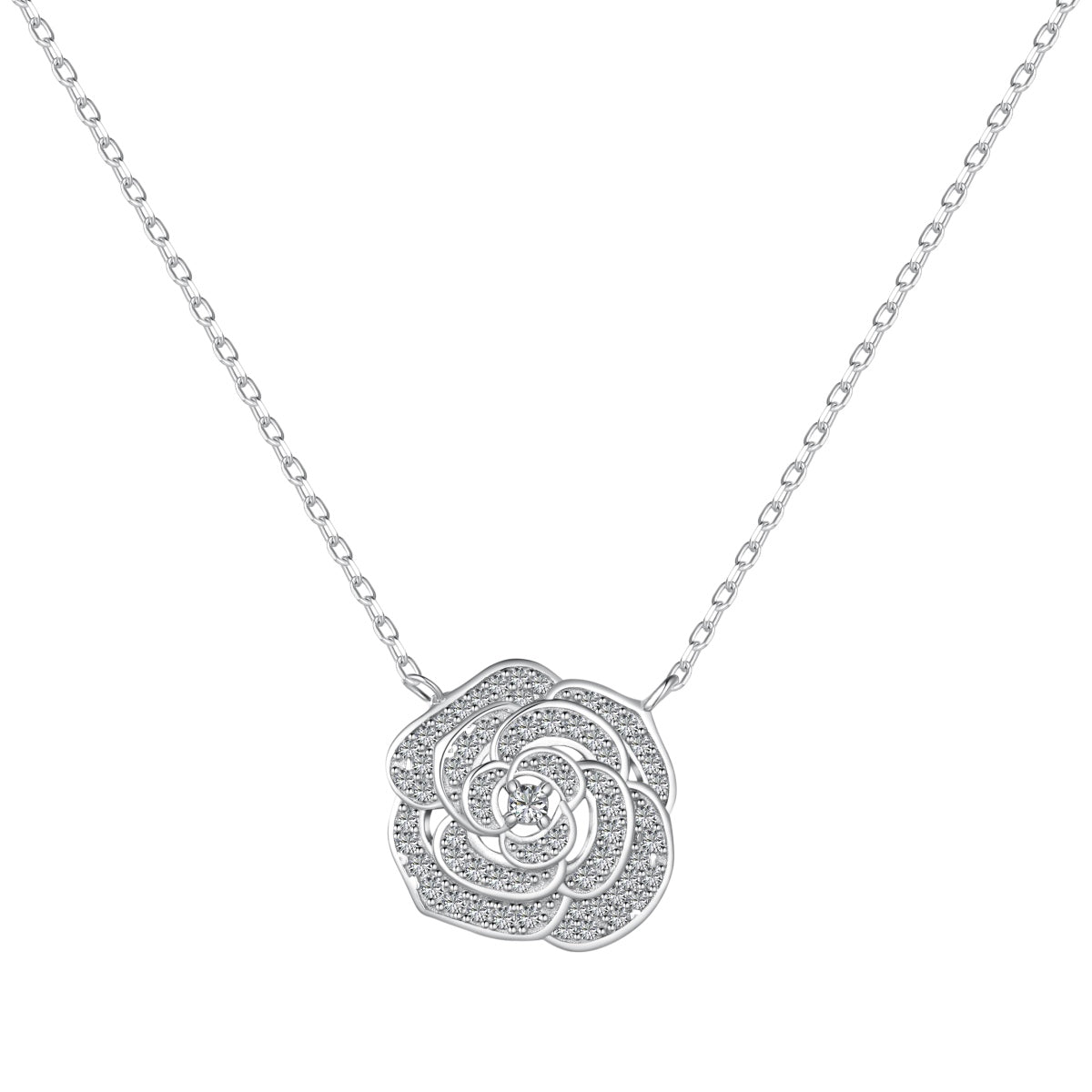 "Blooming Grace: Sterling Silver Necklace with Rosy Floral Motif"