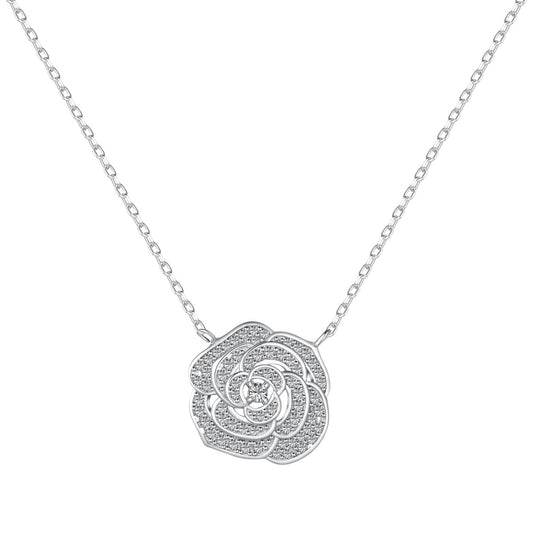"Blooming Grace: Sterling Silver Necklace with Rosy Floral Motif"