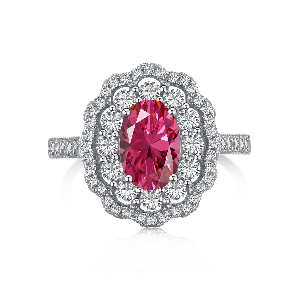 Silver ring with purple zirconia."